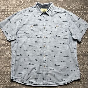 Outdoor Life Button Up Short Sleeve Shirt 2XL Deer Fish Novelty Print Blue